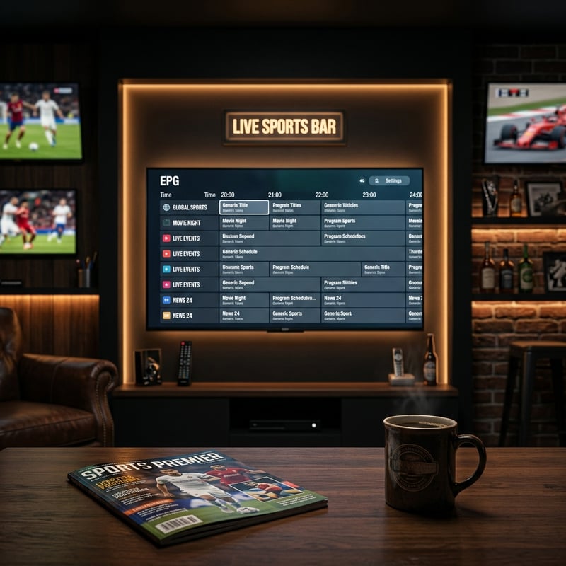 A black coffee mug sits on a wooden table in front of a flat screen TV displaying the IPTV channel.