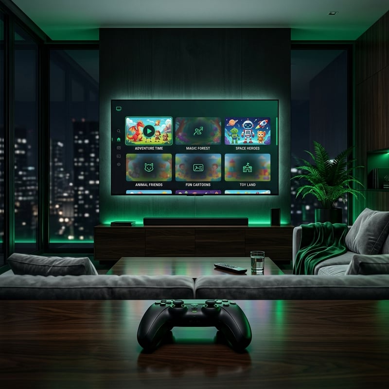 A large flat screen TV with a green glow is mounted on the wall in a living room.
