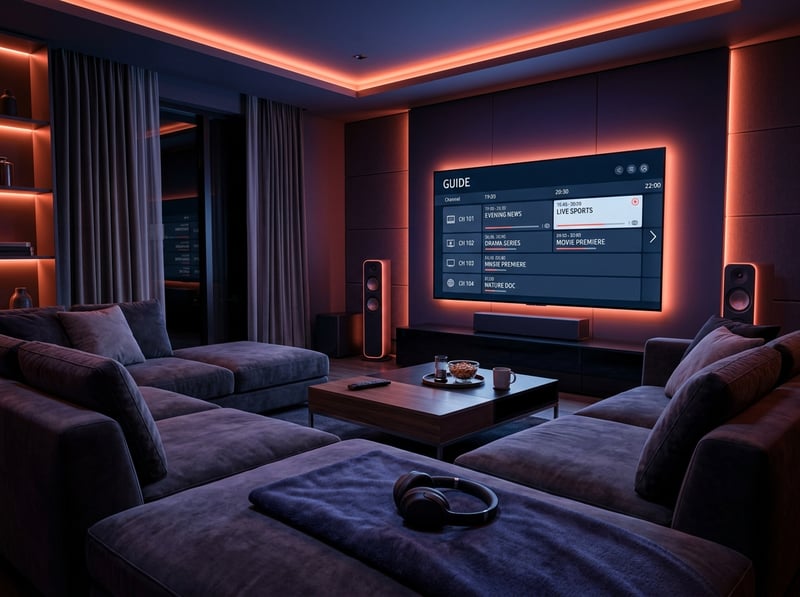 A large flat screen TV with a guide on the screen.