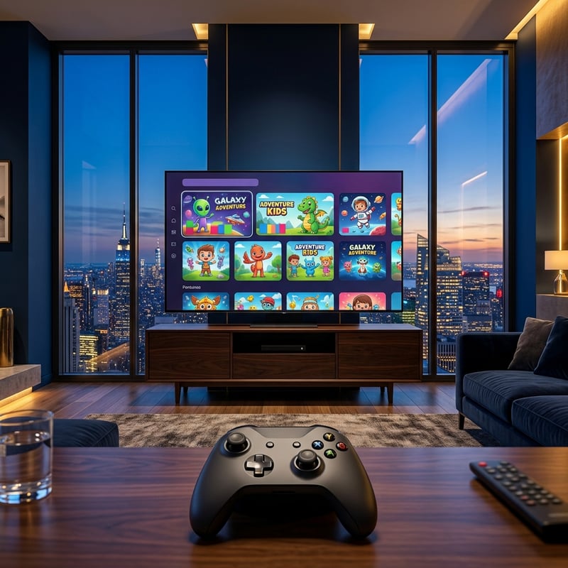 A large flat screen TV with a game controller in front of it.