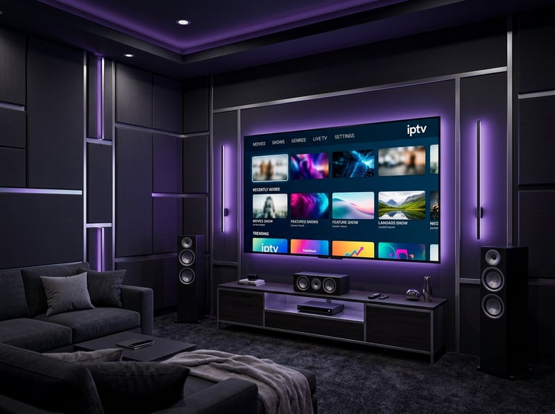 A large flat screen TV with a purple background and the word IPTV on the bottom right.