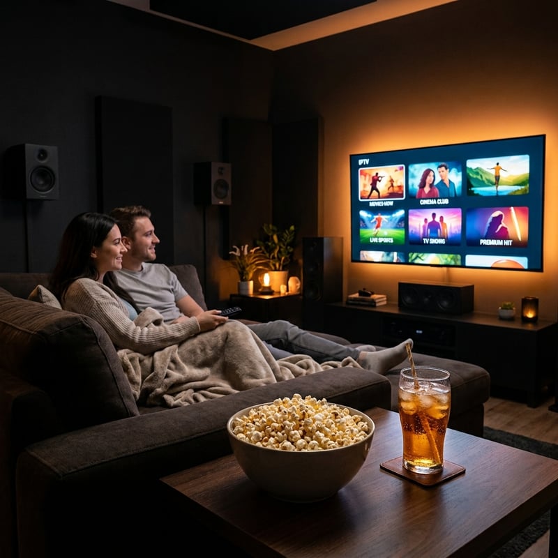 A man and woman sitting on a couch watching a large flat screen TV.