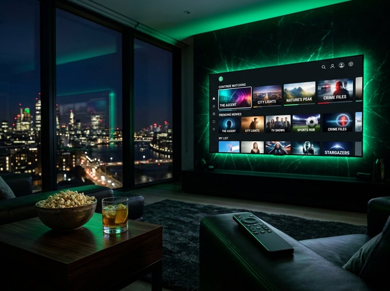 A large flat screen TV with a green background displaying a selection of movies and shows.