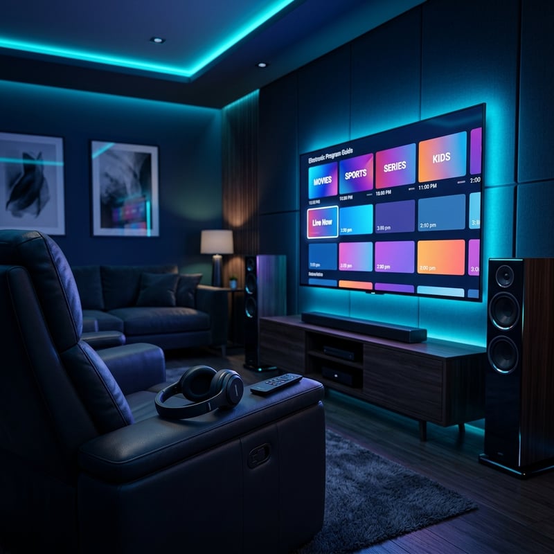 A black leather chair with a headset on it in front of a large flat screen TV.