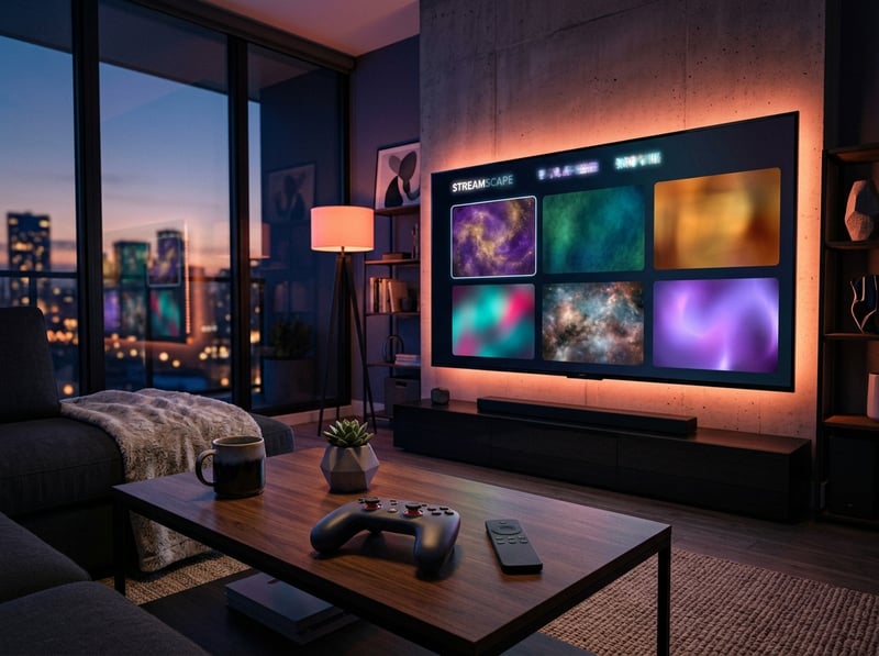 A large flat screen TV with a remote control and a potted plant in front of it.