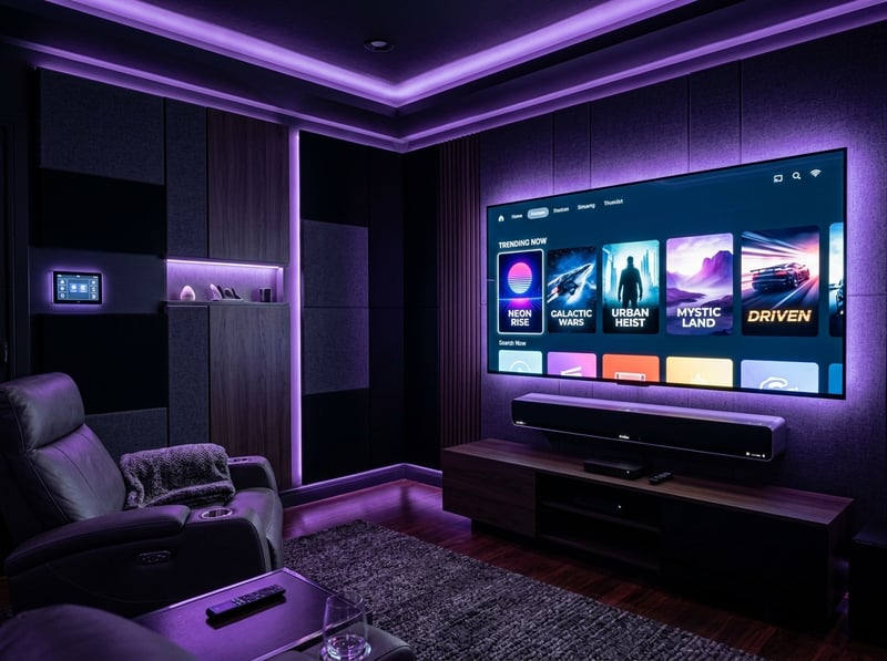 A large flat screen TV is on in a dark room with a purple glow.