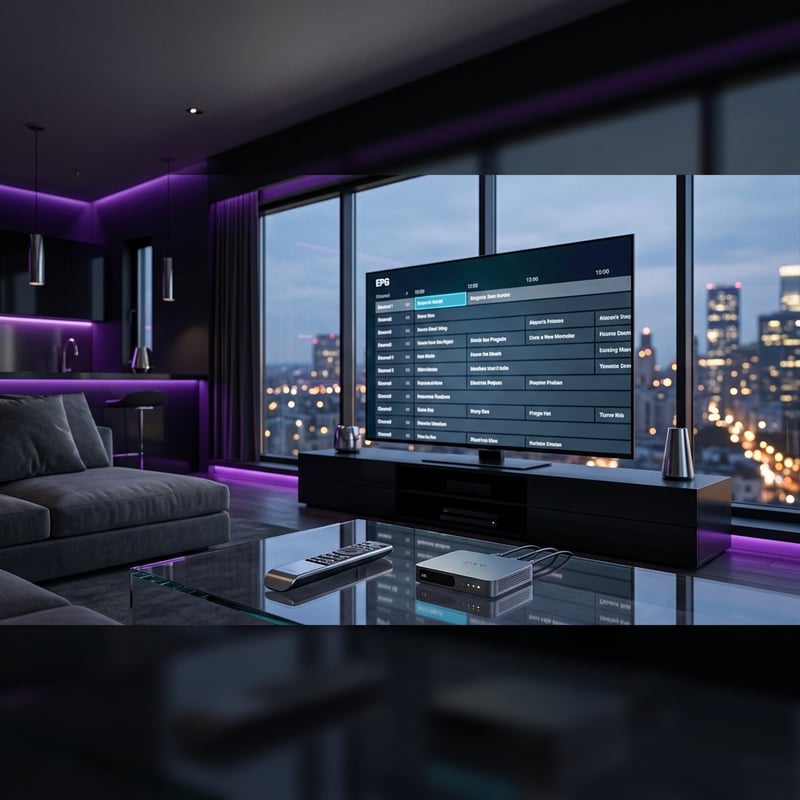 A large flat screen TV is on in a living room with a city view.