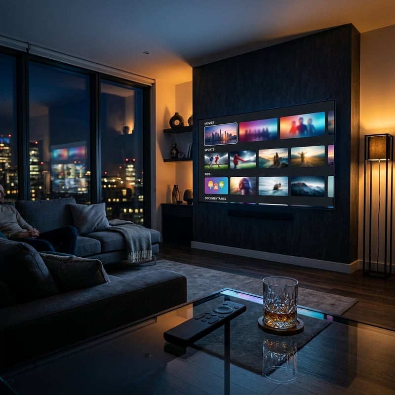 A man is sitting on a couch in front of a large flat screen TV.