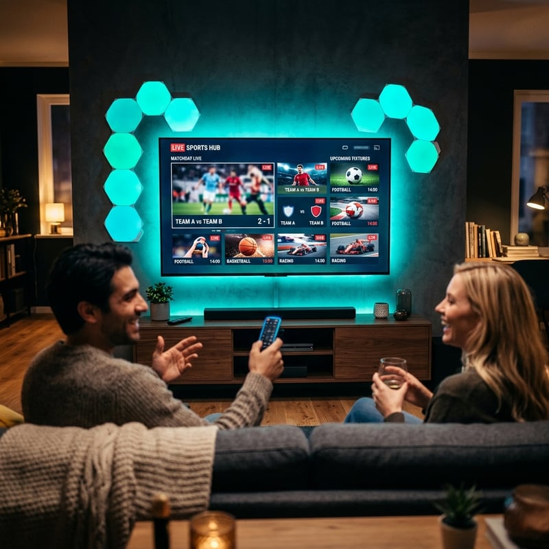 A man and woman are sitting on a couch in front of a large flat screen TV that is displaying sports content.