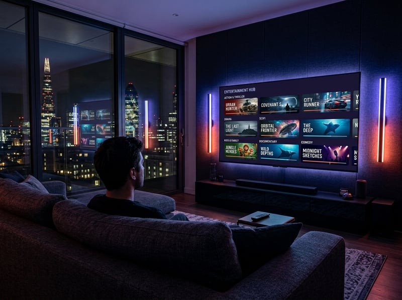 A man is sitting in a living room watching a large flat screen TV.