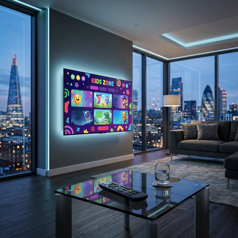 A flat screen TV with a colorful display of cartoons on it.