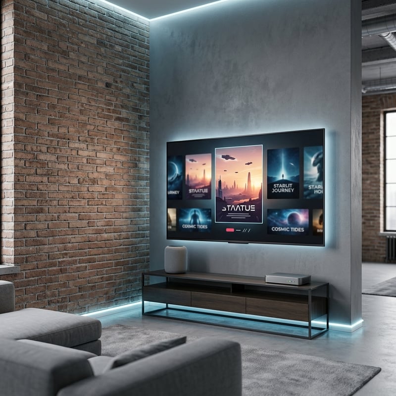 A large flat screen TV with a black frame and blue lighting is mounted on a wall in a living room.