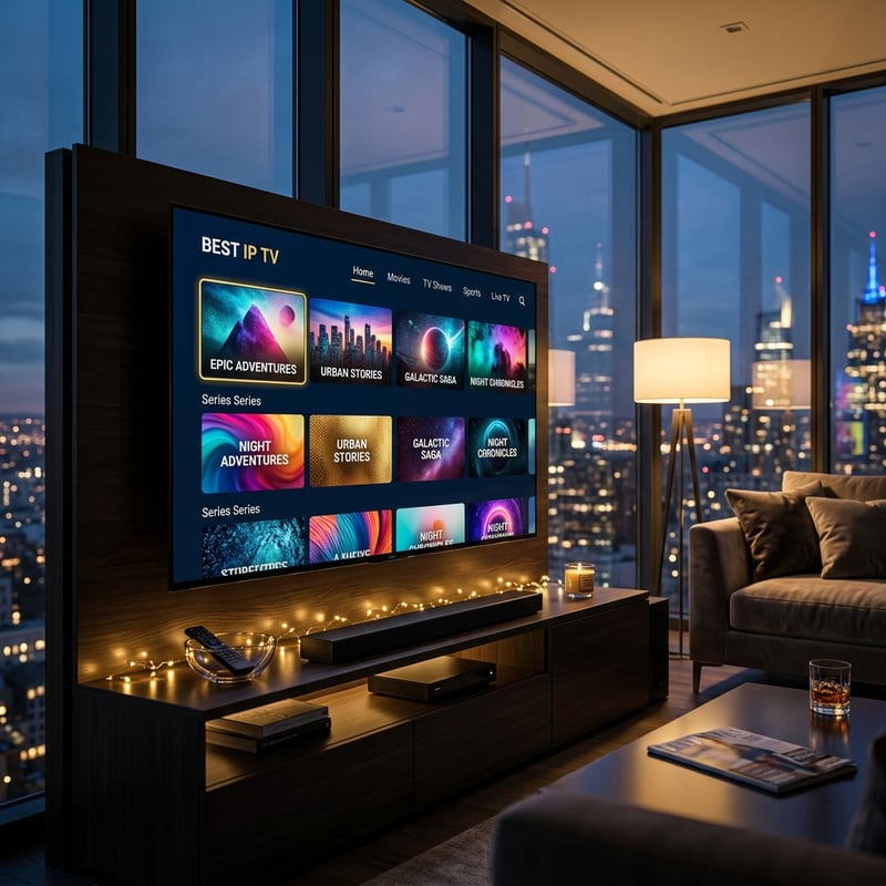 A large flat screen TV with the Best TV app on it.