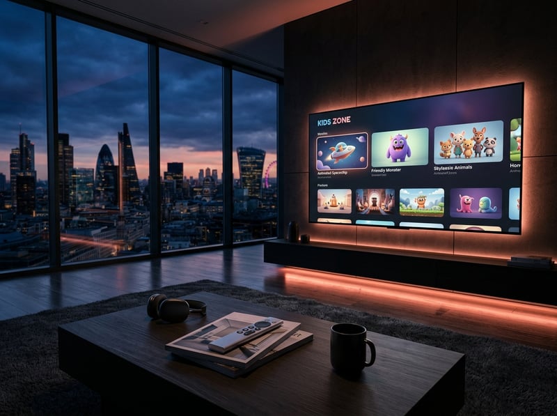 A large flat screen TV with a Kodi Zone menu on it.
