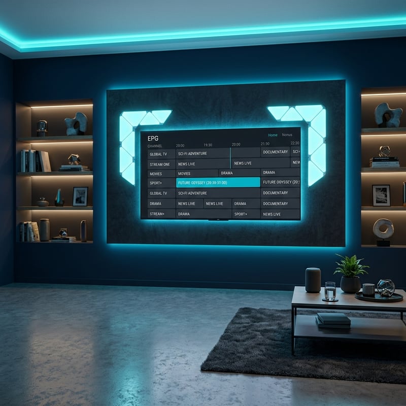 A large flat screen TV with a blue background displaying a menu of IPTV options.