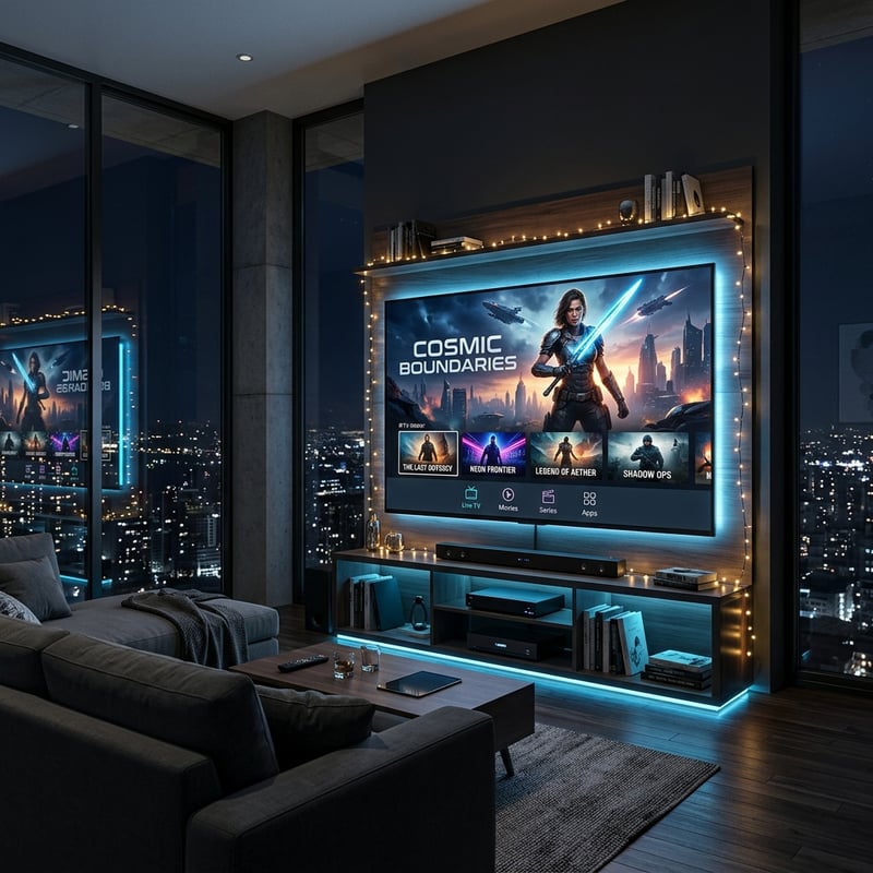 A large flat screen TV is mounted on the wall in a living room.