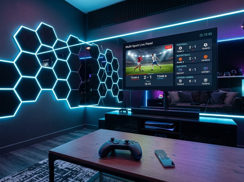 A room with a flat screen TV displaying a sports game and a gaming console with a remote control.
