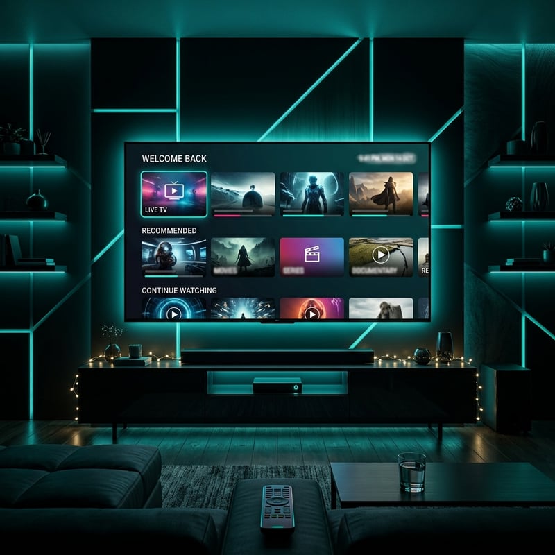 A large flat screen TV with a blue background displaying a menu of IPTV options.