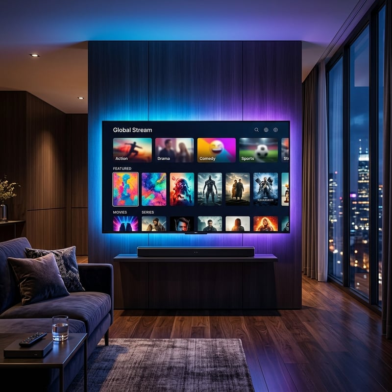 A large flat screen TV with a purple frame displaying a selection of movies and shows.