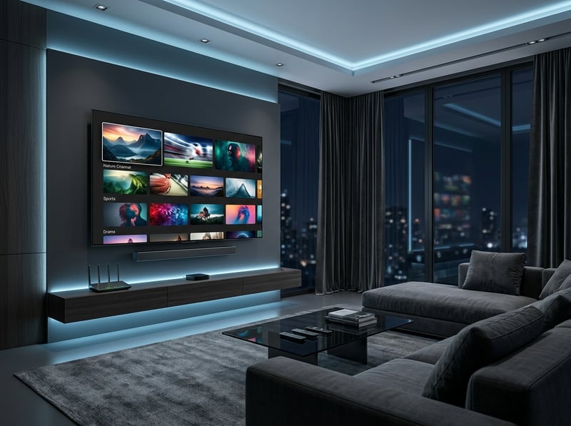 A large flat screen TV with a black frame and a blue background displaying a variety of images.