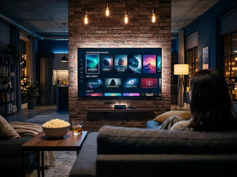 A woman is sitting on a couch in front of a flat screen TV that is displaying a menu of IPTV options.