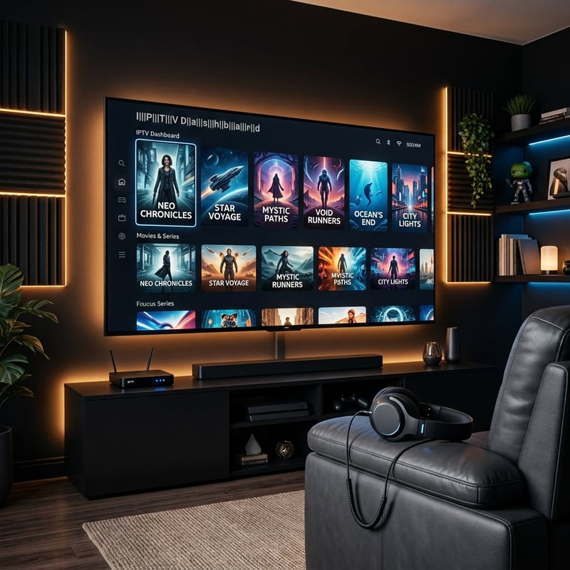A black leather chair with a headset on it in front of a flat screen TV displaying IPTV content.