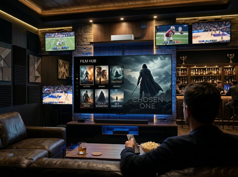 A man is sitting in a living room watching a movie on a large screen TV.