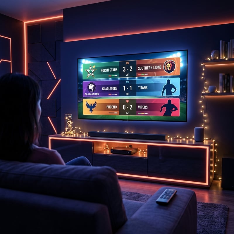 A woman sitting on a couch watching a game on a flat screen TV.