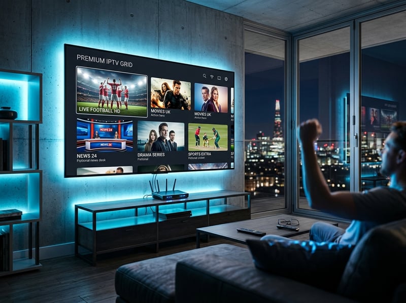 A man is watching a large screen TV with IPTV.