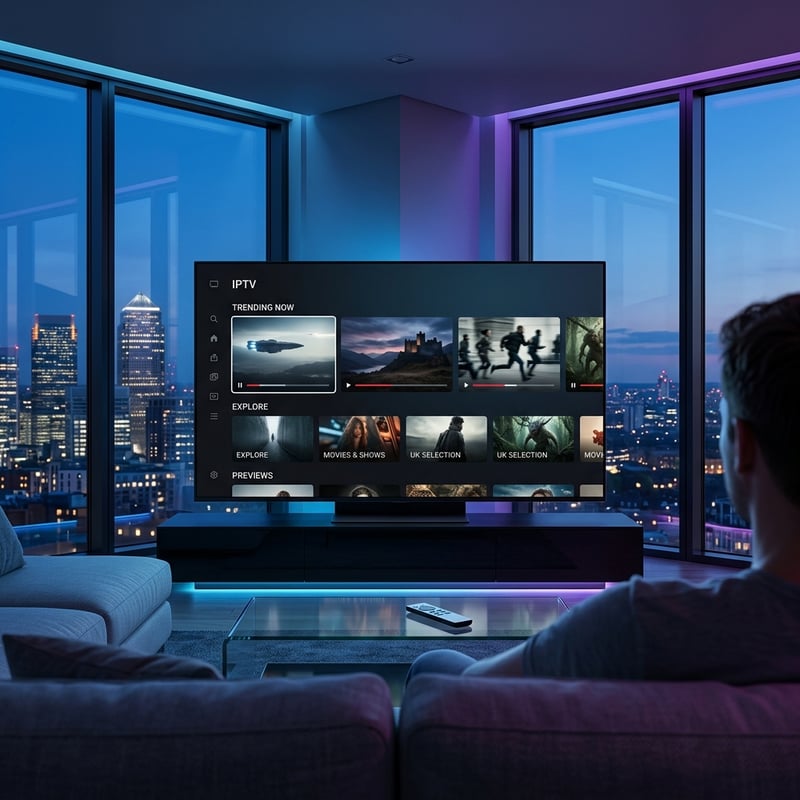 A man sits on a couch in front of a flat screen TV that is displaying IPTV.