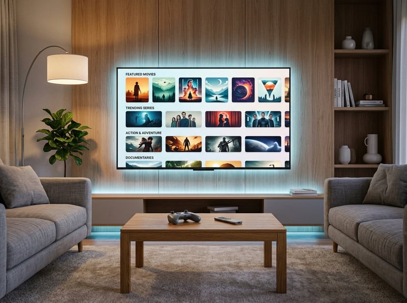 A large flat screen TV with a menu of movies and shows on it.