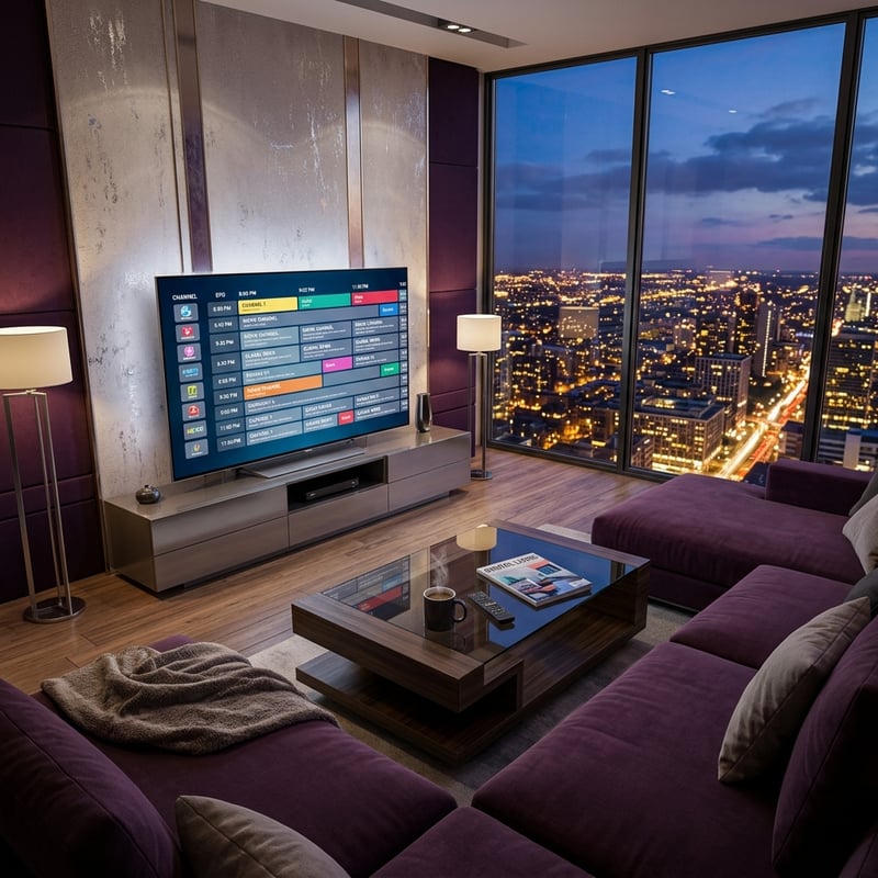 A large flat screen TV is on in a living room with a purple couch and a coffee table.