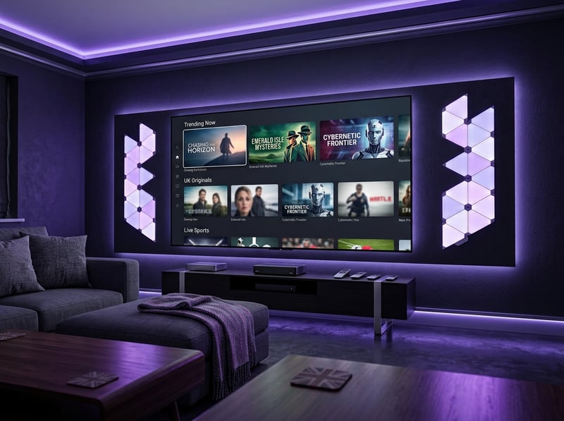 A large flat screen TV with a purple background displaying a selection of movies and shows.