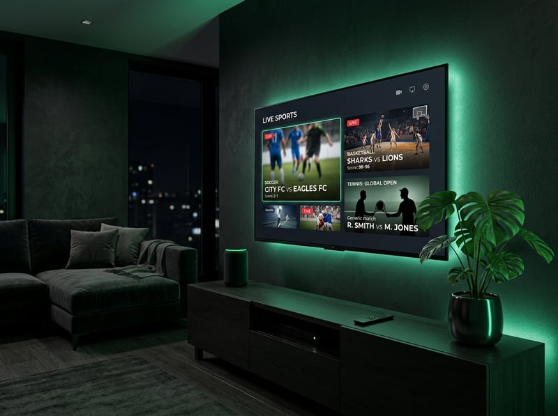 A flat screen TV with a green glow is displaying a sports channel.