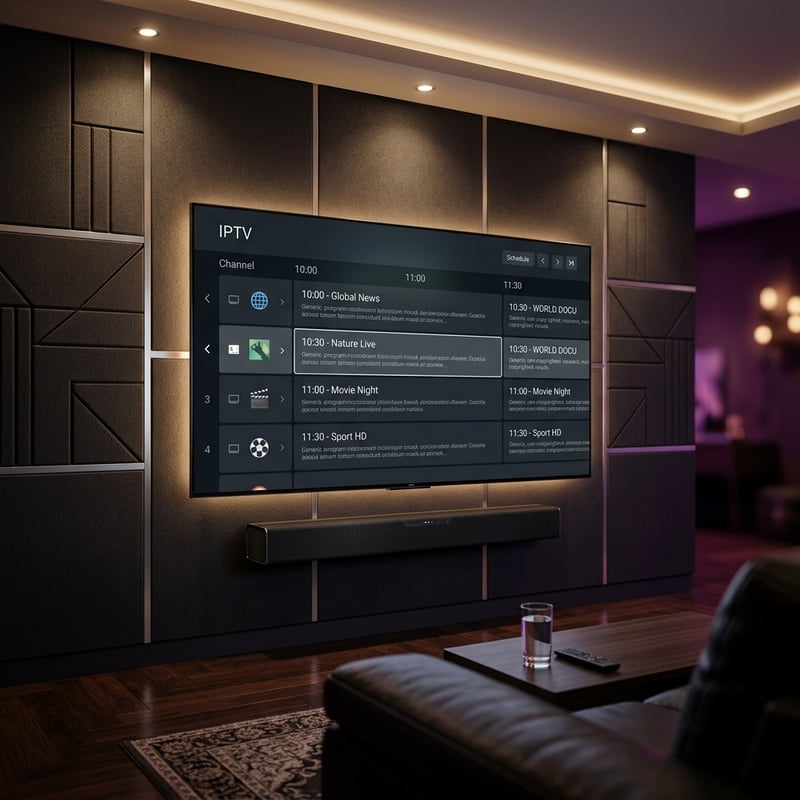 A large flat screen TV with IPTV on the screen.