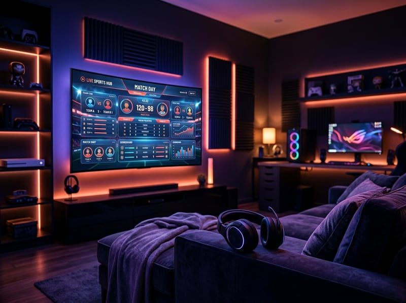 A large flat screen TV displaying a sports game with a couch and headphones in front of it.