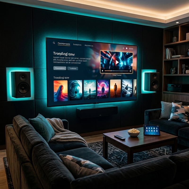 A large flat screen TV with a blue light on the wall behind it.