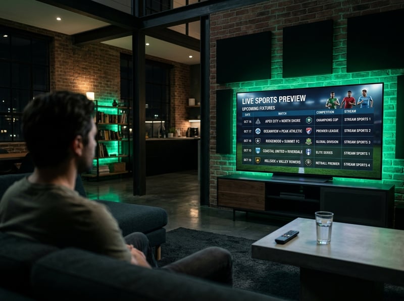 A man sits in a living room watching a sports game on a large flat screen TV.