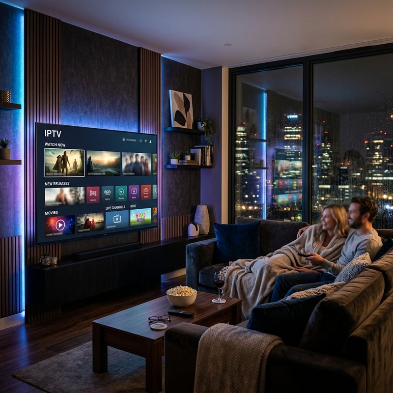 A couple watches TV in a living room with a city view.