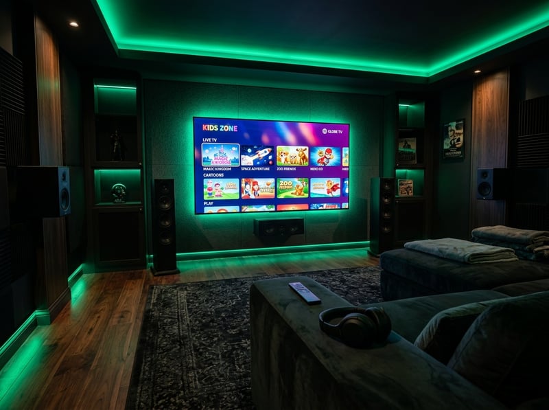 A large flat screen TV is mounted on the wall in a living room with a green glow.