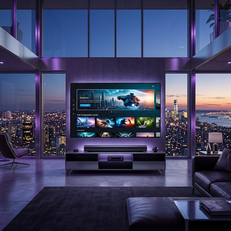 A large flat screen TV with a purple frame and a cityscape in the background.