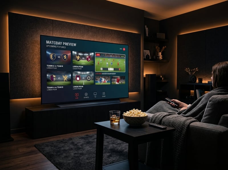 A man is sitting on a couch in front of a flat screen TV that is displaying a menu of sports games.