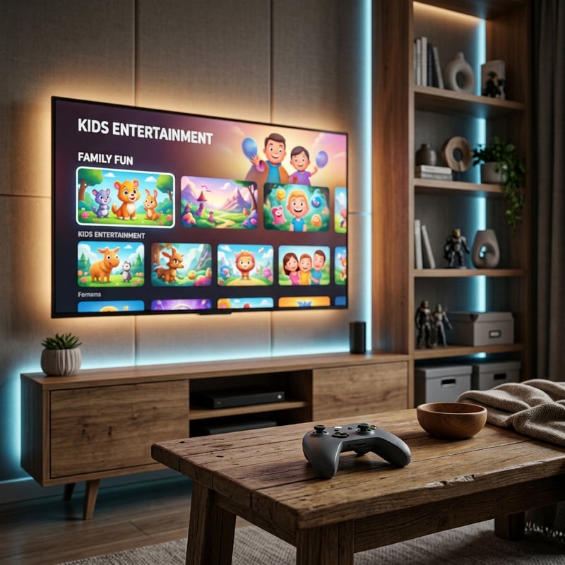 A flat screen TV with a family entertainment menu on it.