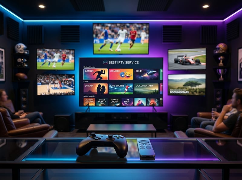 A large flat screen TV with a Best IPTV Service sign on it.