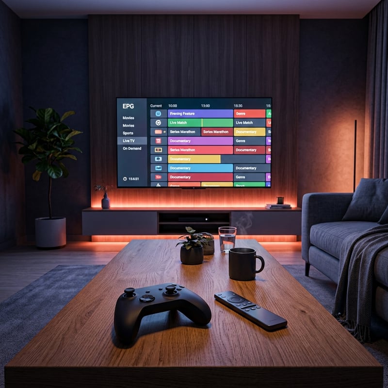 A flat screen TV with a menu on it and a remote control on a table.