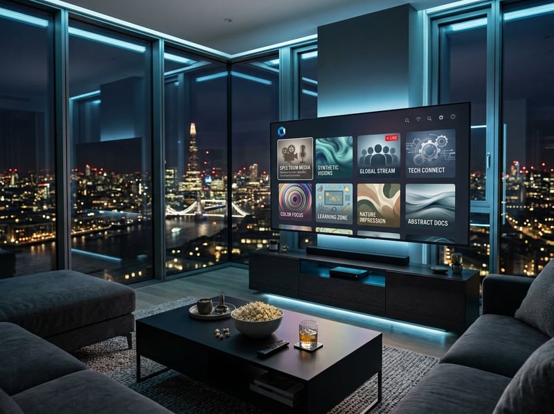 A large flat screen TV with a bowl of popcorn in front of it.