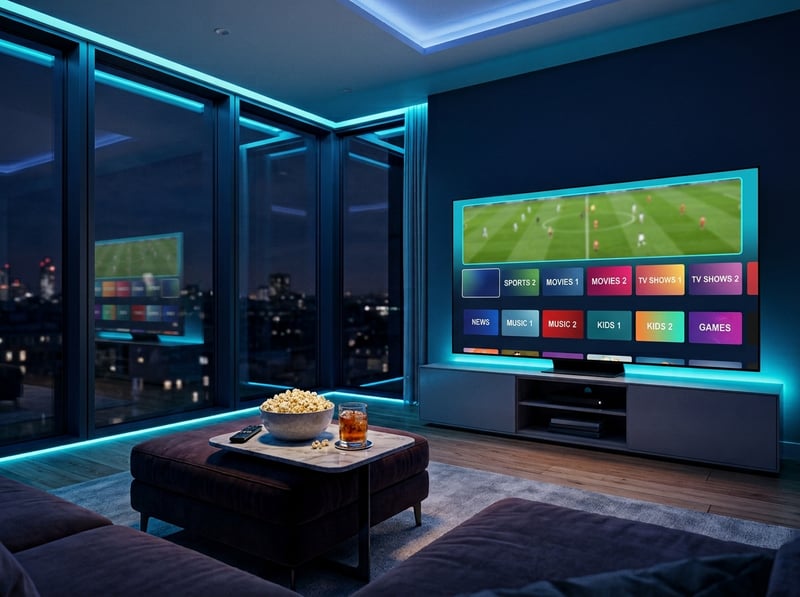 A large flat screen TV with a bowl of popcorn on a table in front of it.