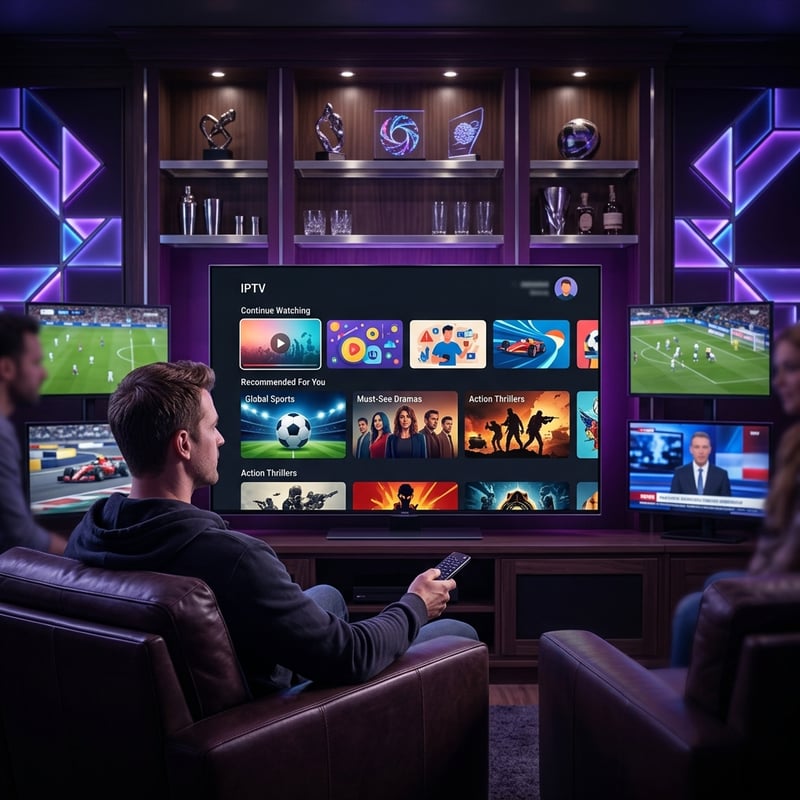 A man sitting on a couch watching a flat screen TV with the IPTV app on it.