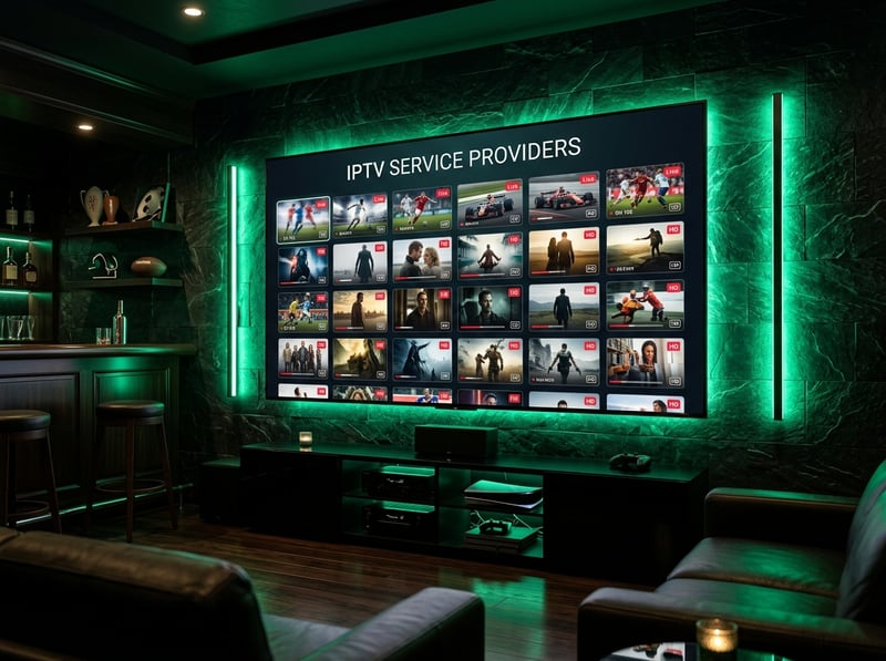 A large flat screen TV with a green frame displaying a variety of IPTV channels.