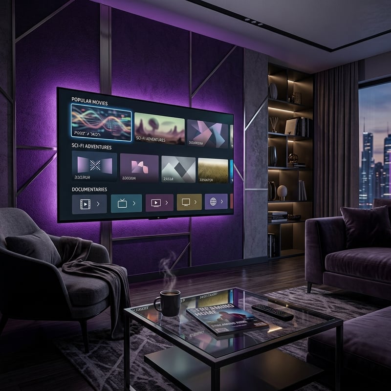 A large flat screen TV with a purple frame displaying a menu of IPTV channels.